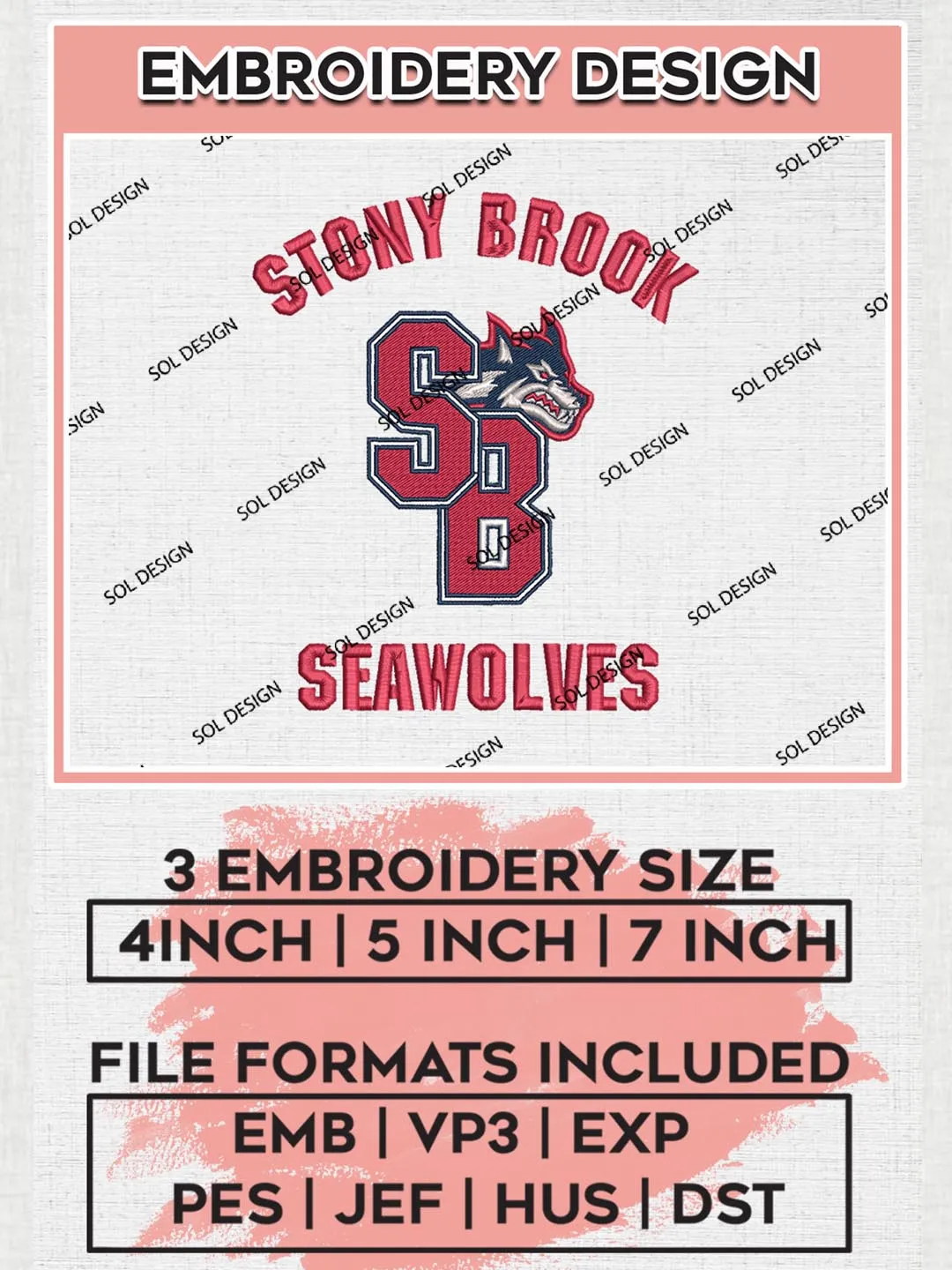 Stony Brook Seawolves embroidery designs, NCAA Stony Brook Seawolves Team Embroidery, NCAA Teams, 3 sizes, Machine embroidery designs, Digital Download