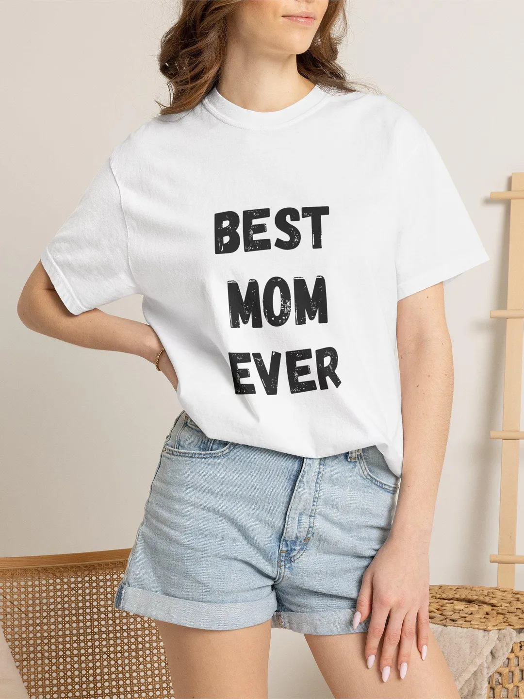 Garment-Dyed Distressed Text Mom T-Shirt | Relaxed Fit Cotton Tee