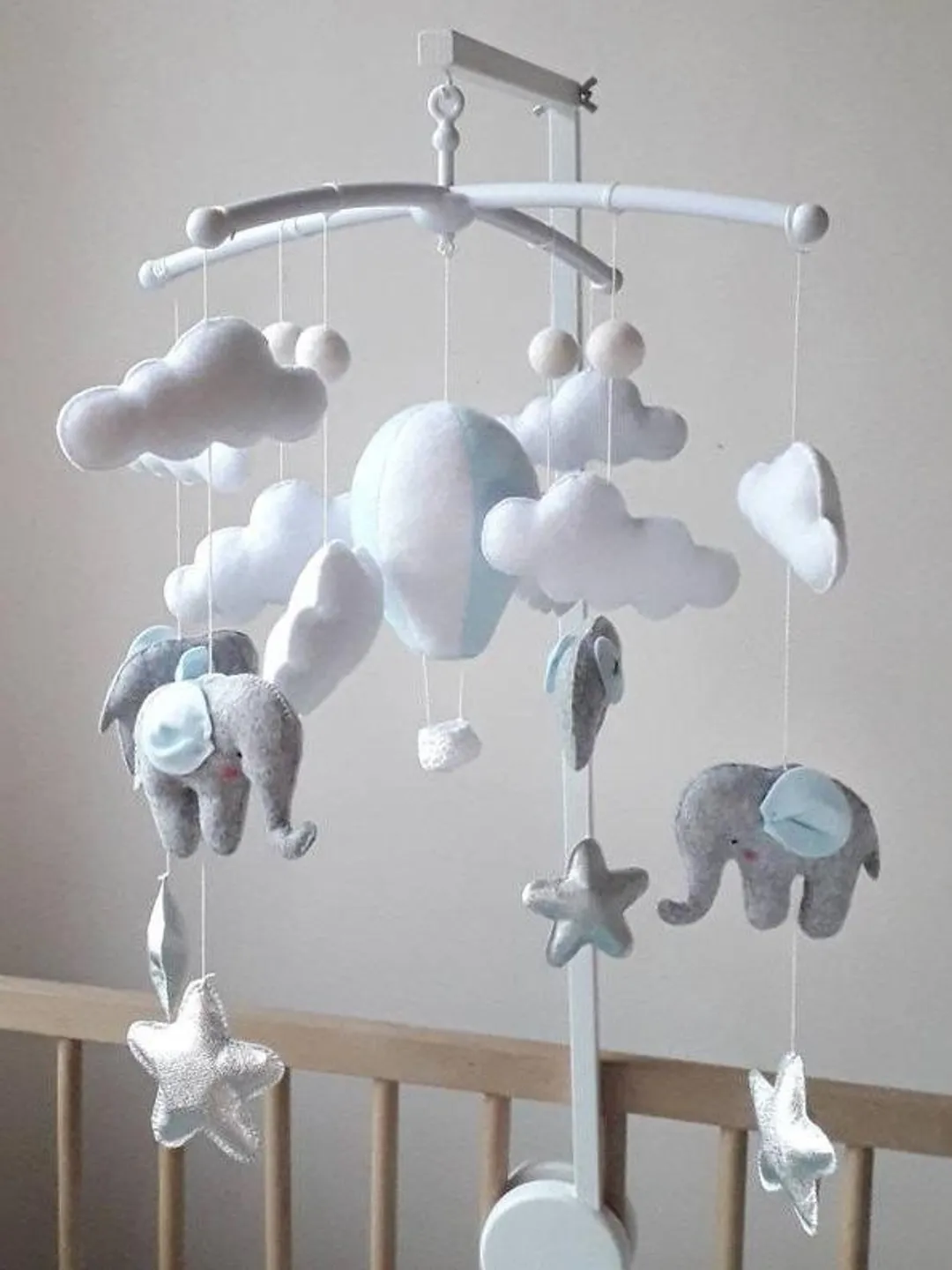 Baby mobile Elephants and Hot air balloon, Neutral nursery decor, Blue crib mobile, Clouds mobile, Babyshower gift