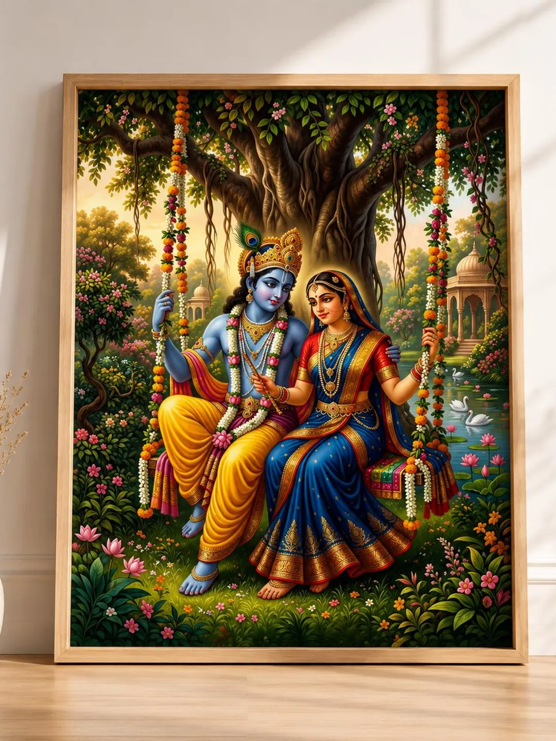 divine Krishna Radha Print, Indian Folk art, Hindu God Poster, Lord Krishna with Flute