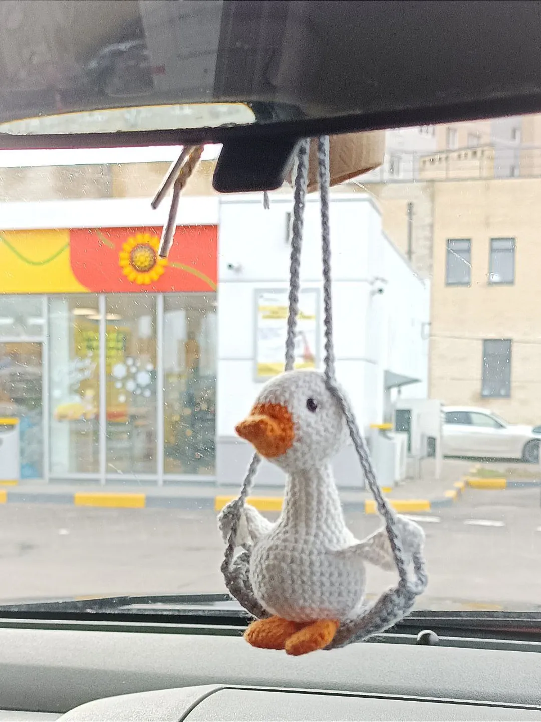 Knitted goose on swing: car pendant & nursery mobile decor
