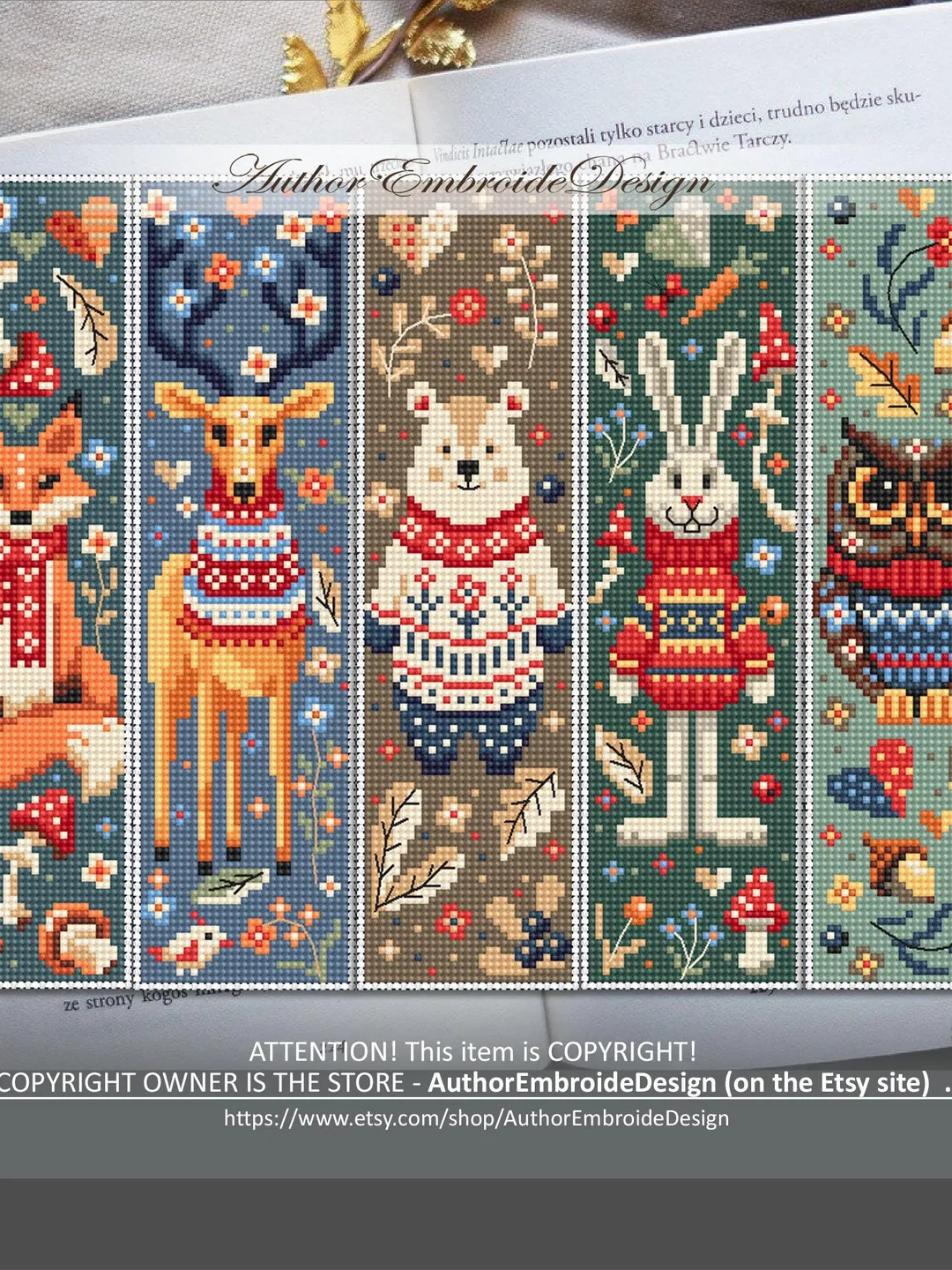 Scandinavian bookmark set cross stitch pattern PDF download Folk art animals cross stitch chart, Fall bookmarks pattern digital PDF #B430