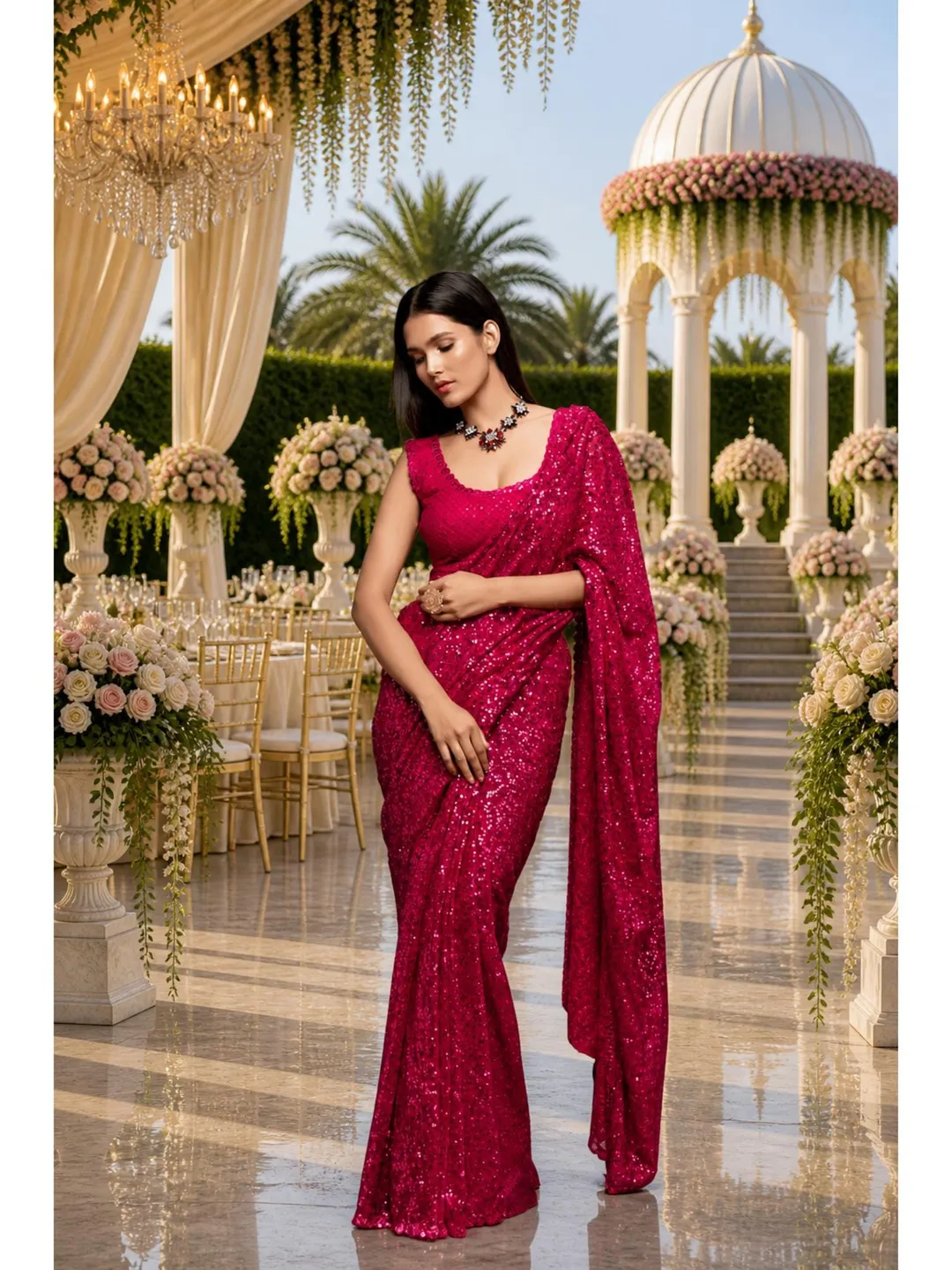 Hot Pink Sequin Ready To Wear Saree: Indian Wedding Party Wear