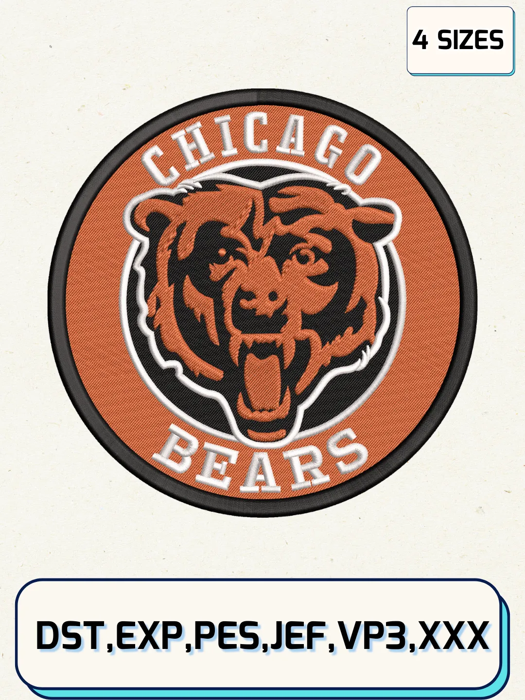 Chicago Bears Circle Logo Embroidery Design Files, NFL Logos Embroidery Designs, Machine Embroidery Files, 4 Sizes