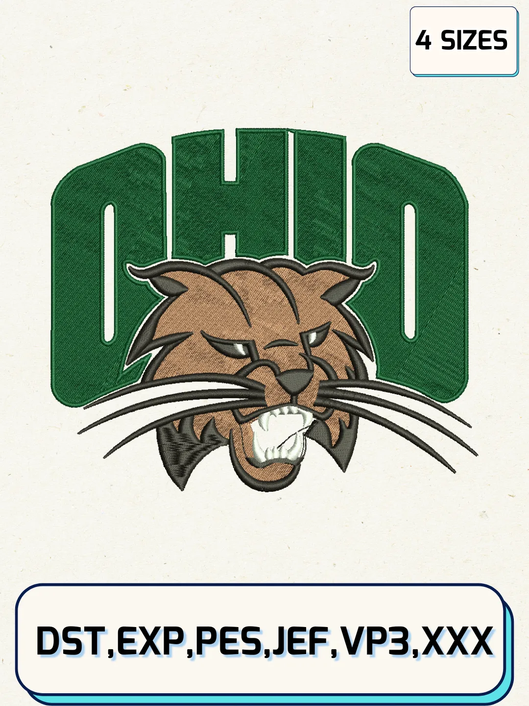 Ohio Bobcats Logos Embroidery Design Files, NCAA Logos Embroidery Designs, Machine Embroidery Files, 4 Sizes