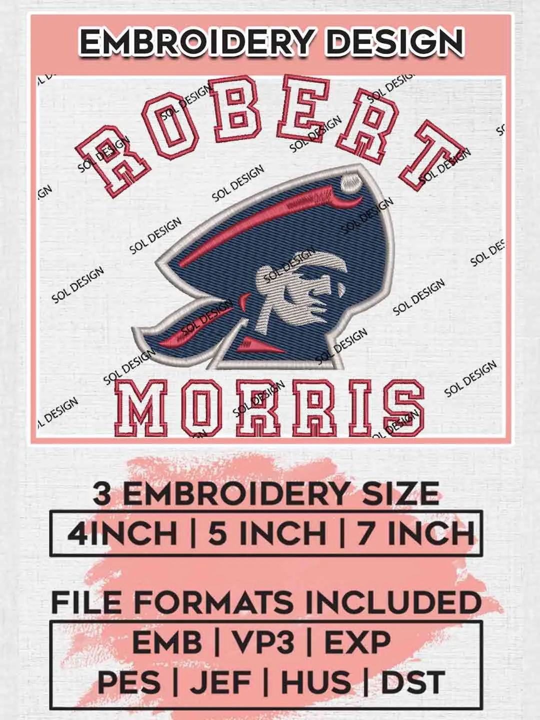 Robert Morris Colonial Embroidery Design, Football Embroidery files, Sport Machine embroidery files, 3 sizes, Instant Download