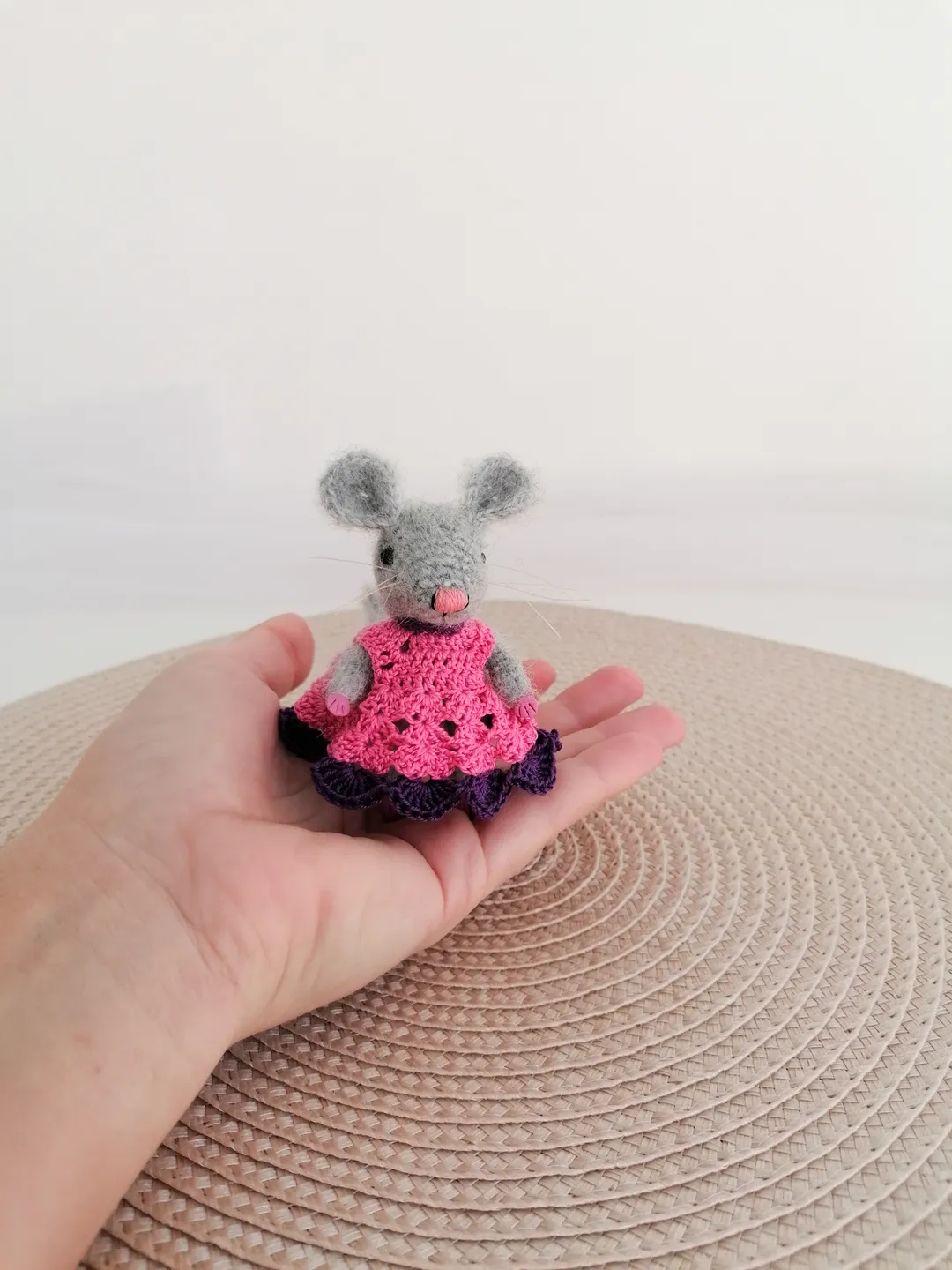 mouse in a crocheted dress