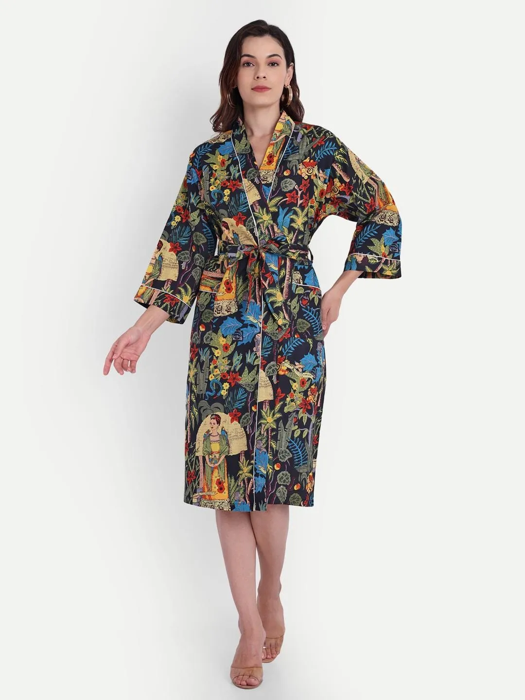 Israeli Bath Robe Cotton Kimono Robe: Israeli Print, Boho Beach Cover-Up