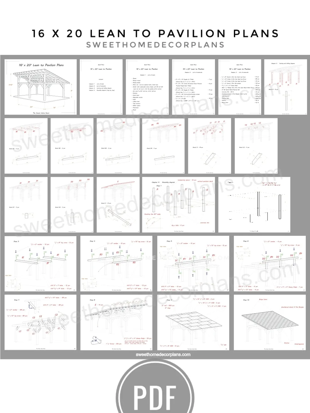 DIY 16 x 20 lean to pavilion plans pdf. Detached carport plans. Wooden  covered gazebo outdoor plans. Timber frame backyard garage plans., image size:1080x1440