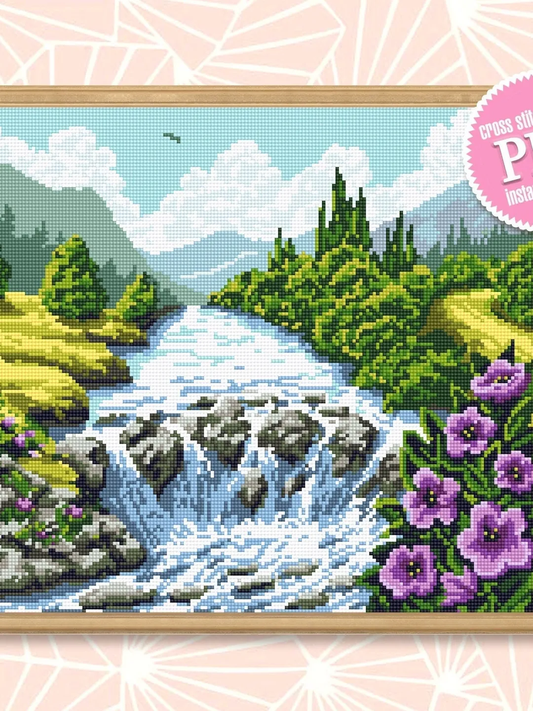 Nature cross stitch pattern PDF download Mountain waterfall landscape ...