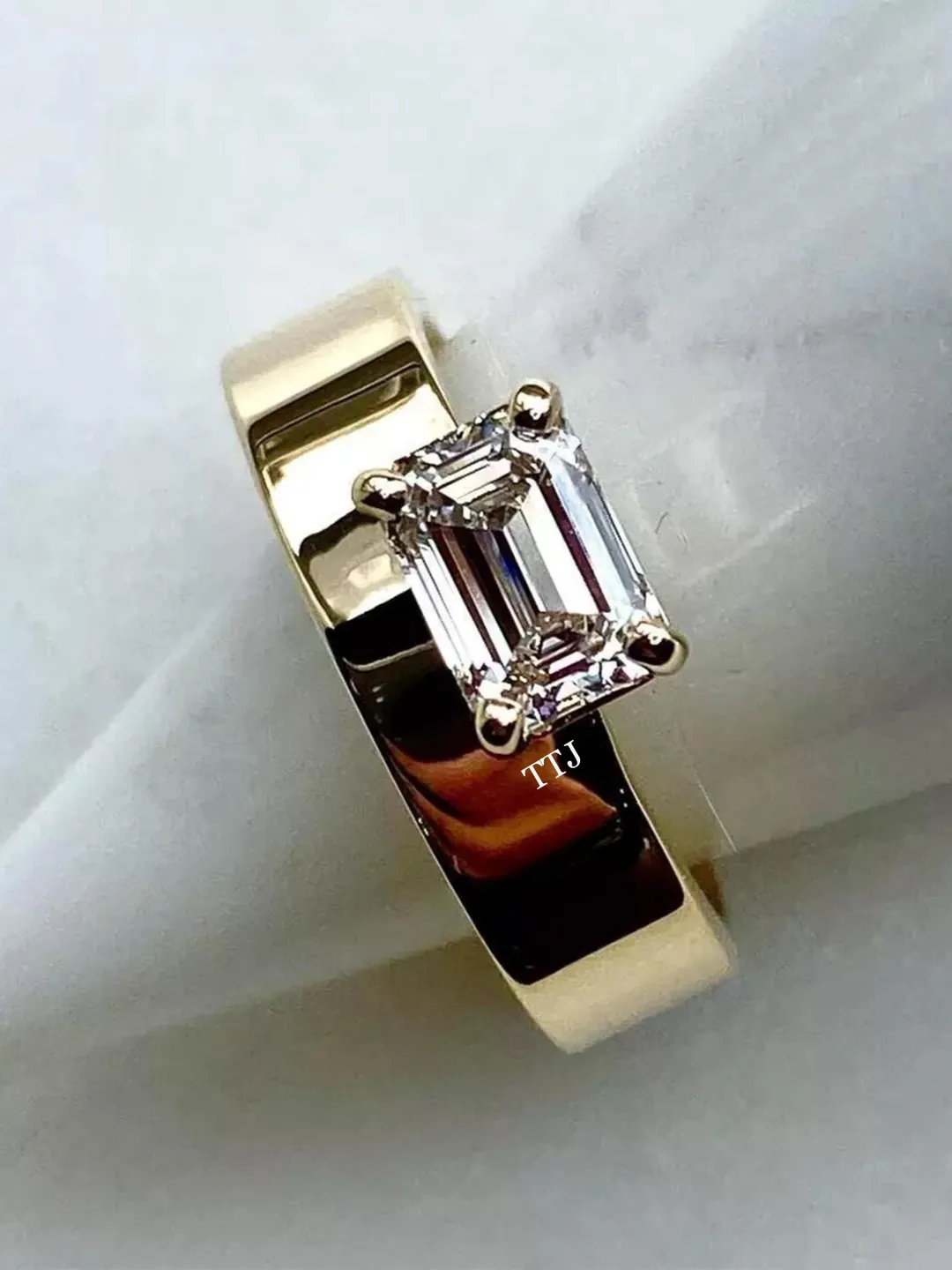 Wide Band East  West Solitaire Emerald Cut Moissanite Engagement Ring Promise Ring for Her Anniversary Ring for Women Christmas Gift