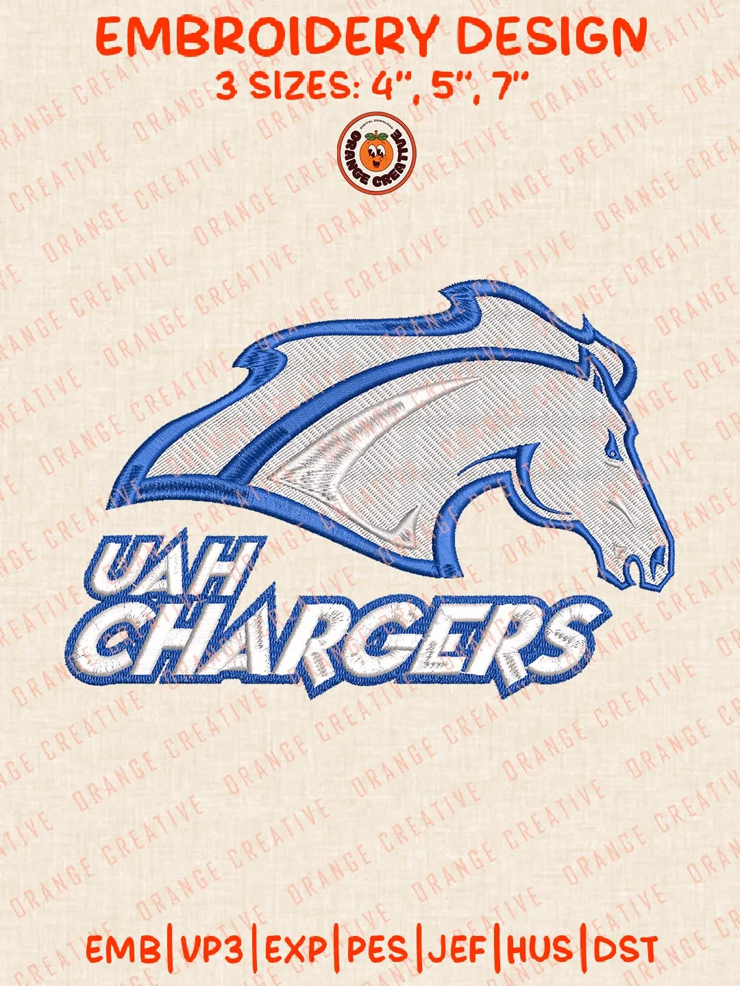 UAH Chargers Mascot Embroidery Design, NCAA Alabama Huntsville Chargers Team Logo Embroidery Design, Machine Embroidery Design File, 4 Sizes, Custom Size, Digital Download