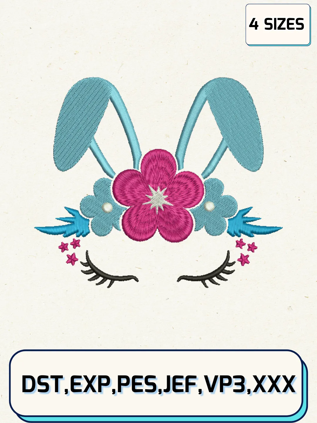 Easter Bunny Flowers Embroidery Design Files, Easter Day Logos Embroidery Designs, Machine Embroidery Files, 4 Sizes