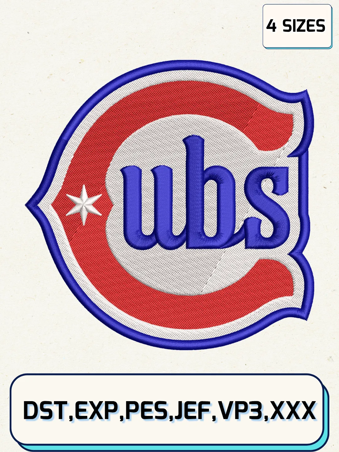 Chicago Cubs Cap Logo Embroidery Design Files,MLB Logo Embroidery Designs,Machine Embroidery Files,4 Sizes