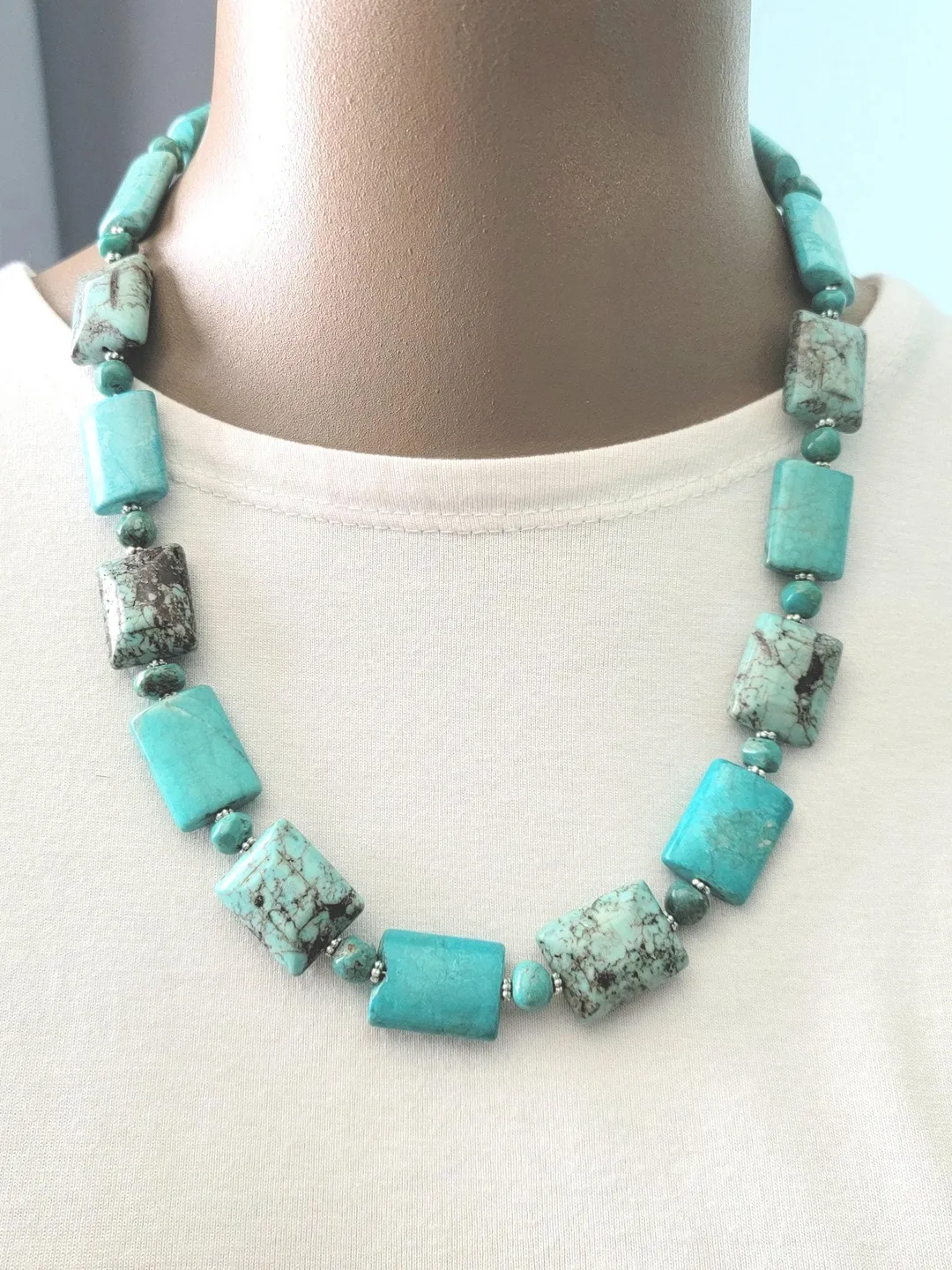 Beads, Chunky Turquoise Beaded Statement Necklace, Adjustable Sterling Silver Cowgirl Economical Blue Green Square Beauty