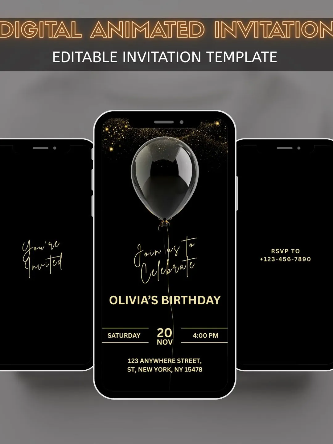 Elegant Black & Gold Birthday Invitation Video, Editable Template (Digital)