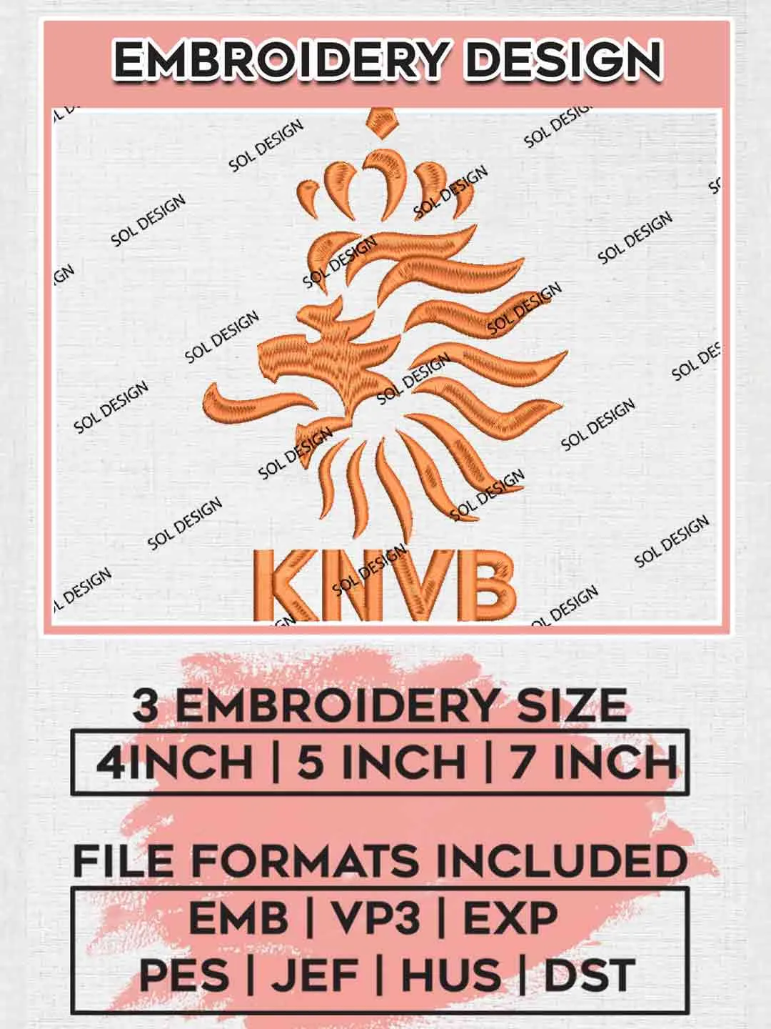 KNVB The Dutch Eleven Football Team Logo Embroidery Designs, Oranje Logo Embroidery files, Netherlands National Football Team, Machine embroidery designs, Digital Download