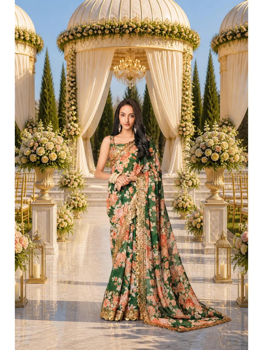 Green Floral Georgette Saree For Women: Indian Wedding Sequins Embroidery Ready To Wear