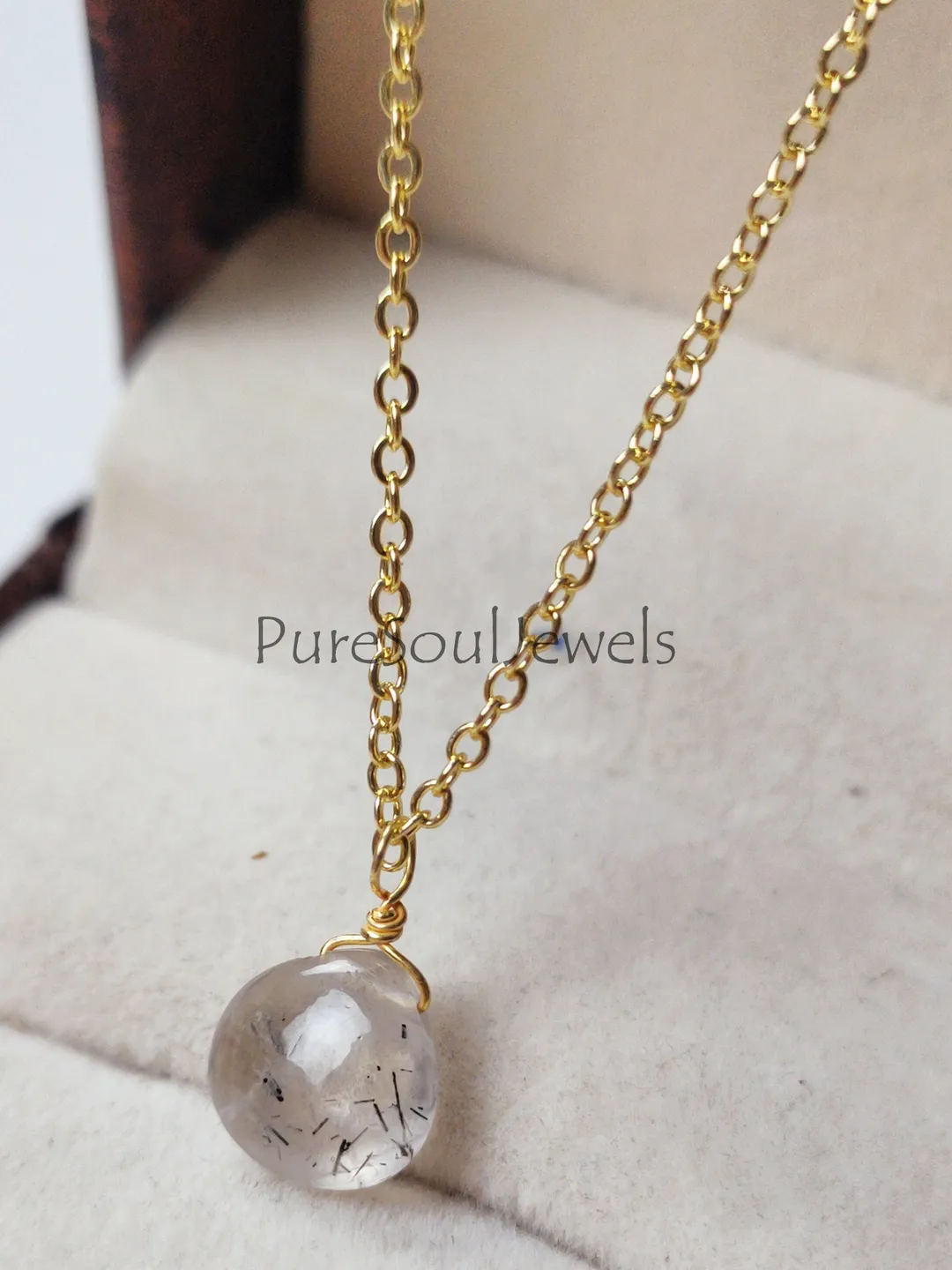 Gold Plated Black Rutile Quartz Pendant Necklace: Wire Wrapped Gemstone