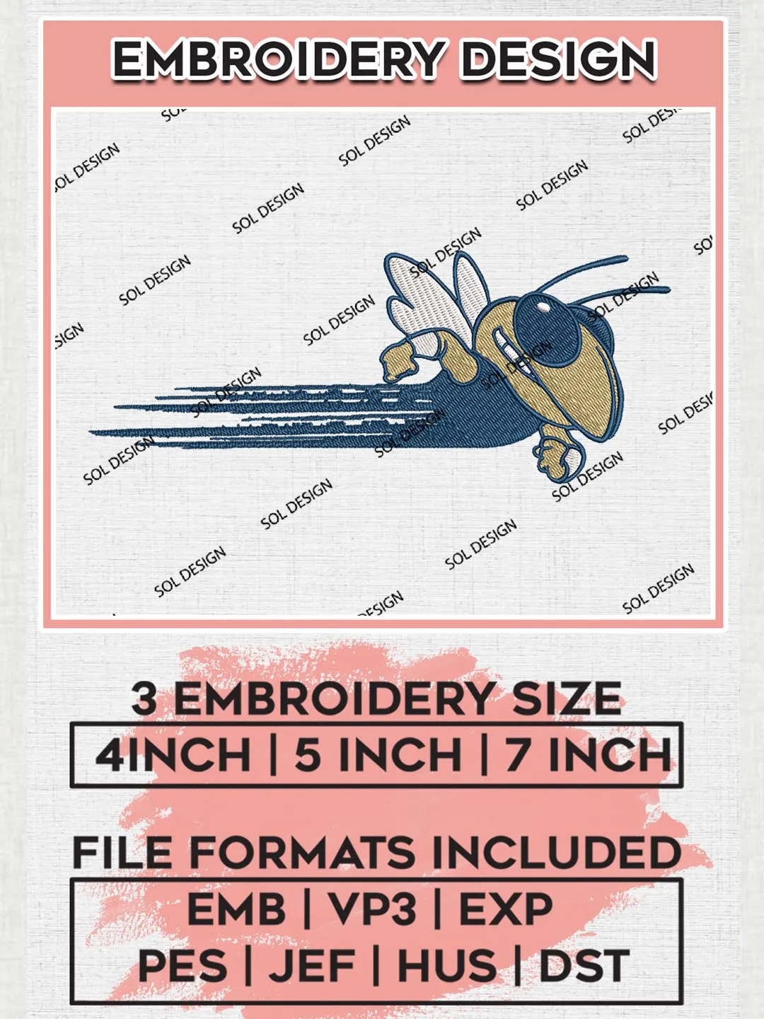 NCAA Georgia Tech Yellow Jackets Team Mascot Logo Embroidery Design Files, NCAA Georgia Tech Yellow Jackets Machine Embroidery, NCAA Teams, 3 sizes, NCAA Machine embroidery designs, Digital Download