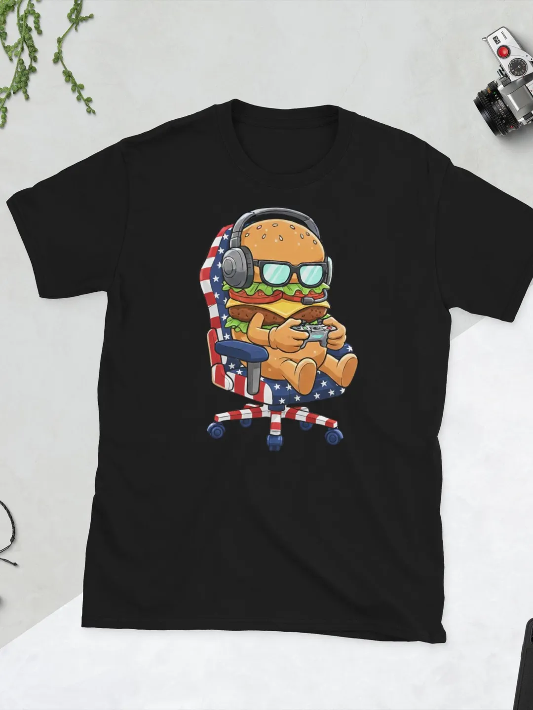 Funny Burger Gamer T-Shirt, American Flag Gaming Chair Tee, Pizza Video Game Lover Shirt, Cute Food Character Gift for Kids, Boys, Men