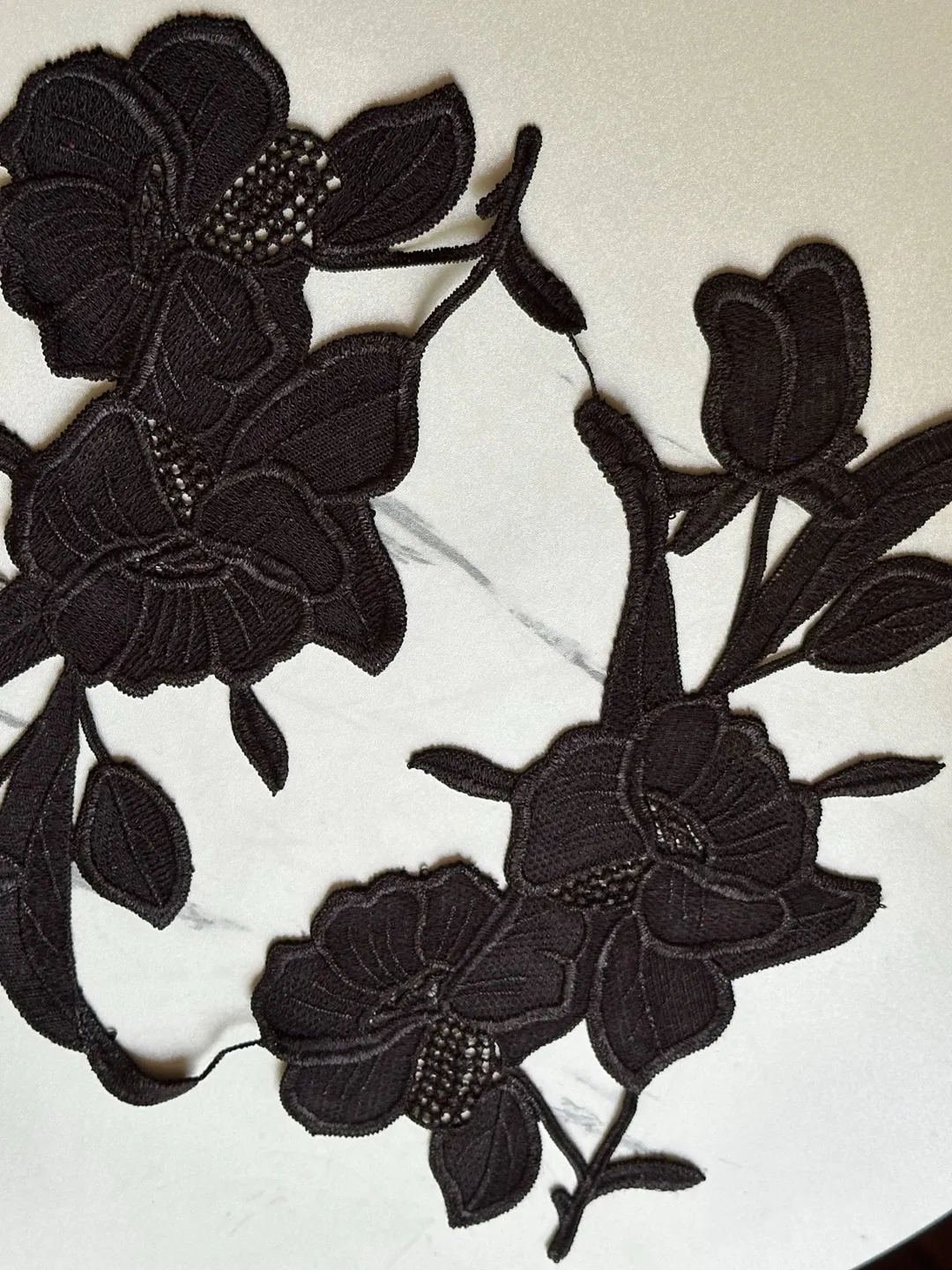 Onyx Black Floral Guipure Lace Applique Motif, Symmetrical Embroidered Flower Patches Pair for Shoulder Mirror Dress Sewing, 10"x4"