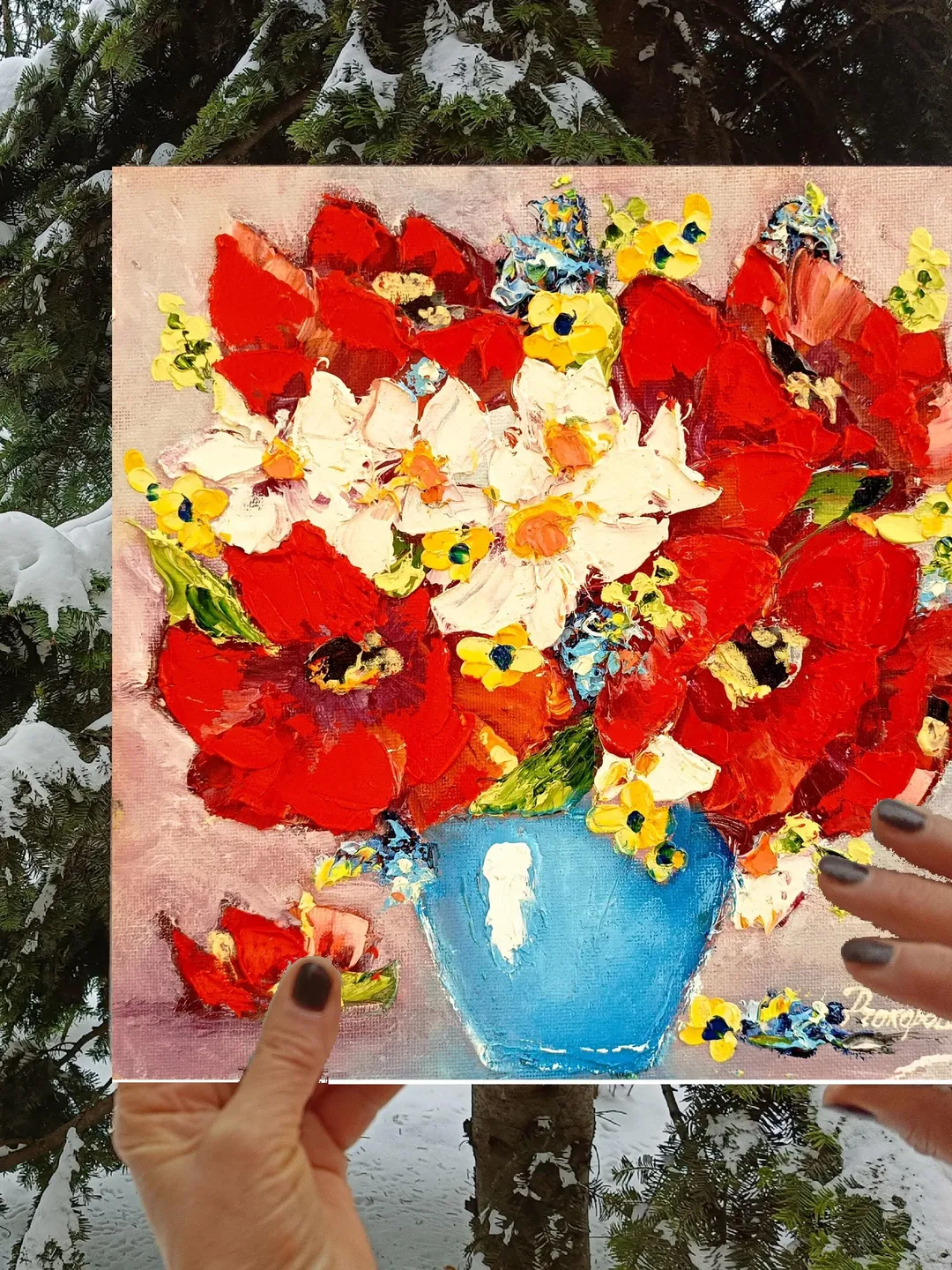 Daisy Painting Poppy Original Art Impasto Oil Painting Chamomile Flowers Painting Original Art Floral Wall Art Small Painting Gift 10x10