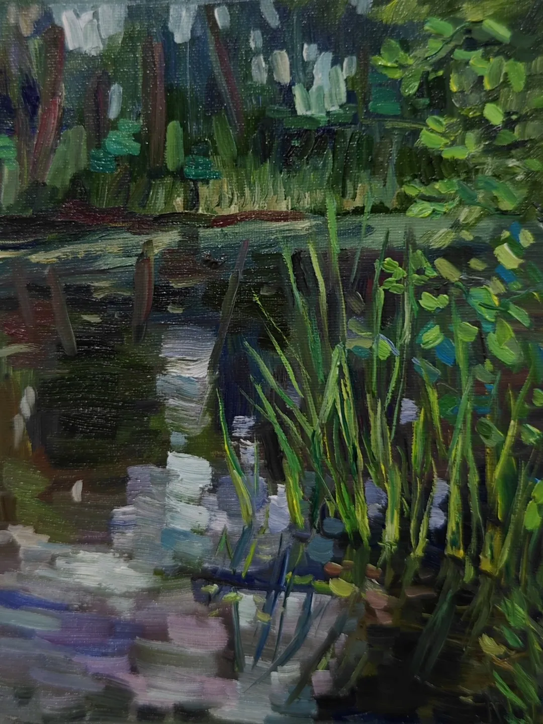 Original oil painting scenery forest lake