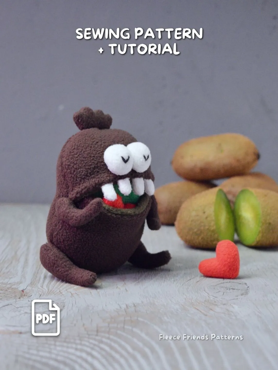 Kiwi Monster Sewing Pattern PDF, Plush Toy with Working Mouth Pocket, Easy Beginner Fruit Monster