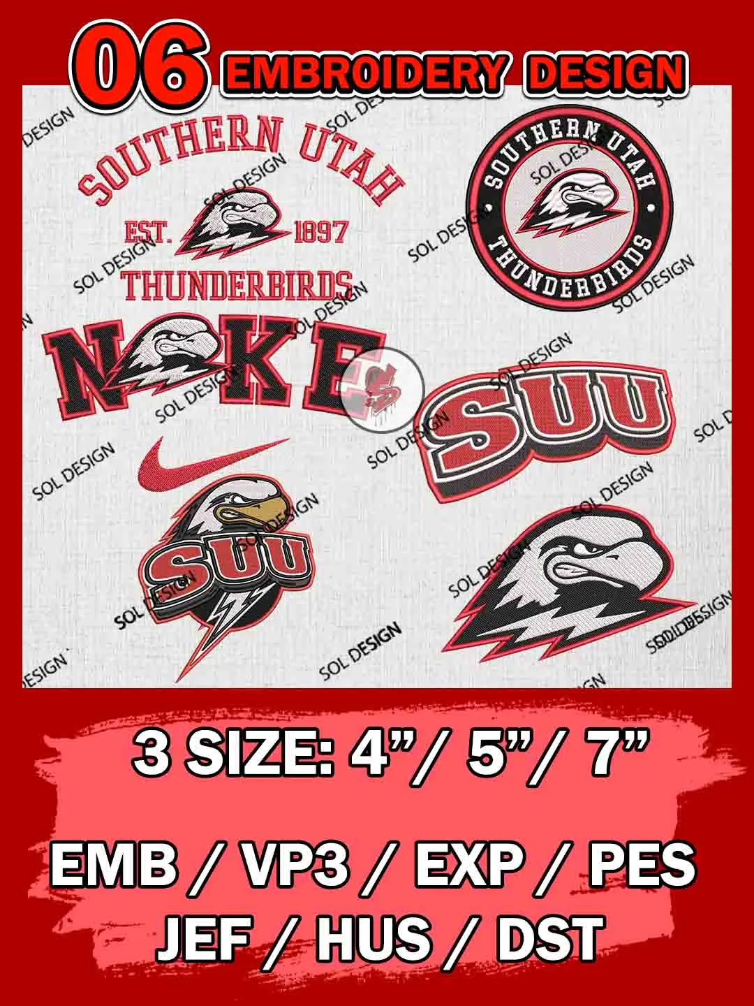 6 NCAA Southern Utah Thunderbirds Bundle Embroidery Files, NCAA Southern Utah Thunderbirds Team Bundle Embroidery Designs, NCAA Teams, National College Football Team 3 sizes, NCAA Southern Utah Machine Embroidery, Digital Download