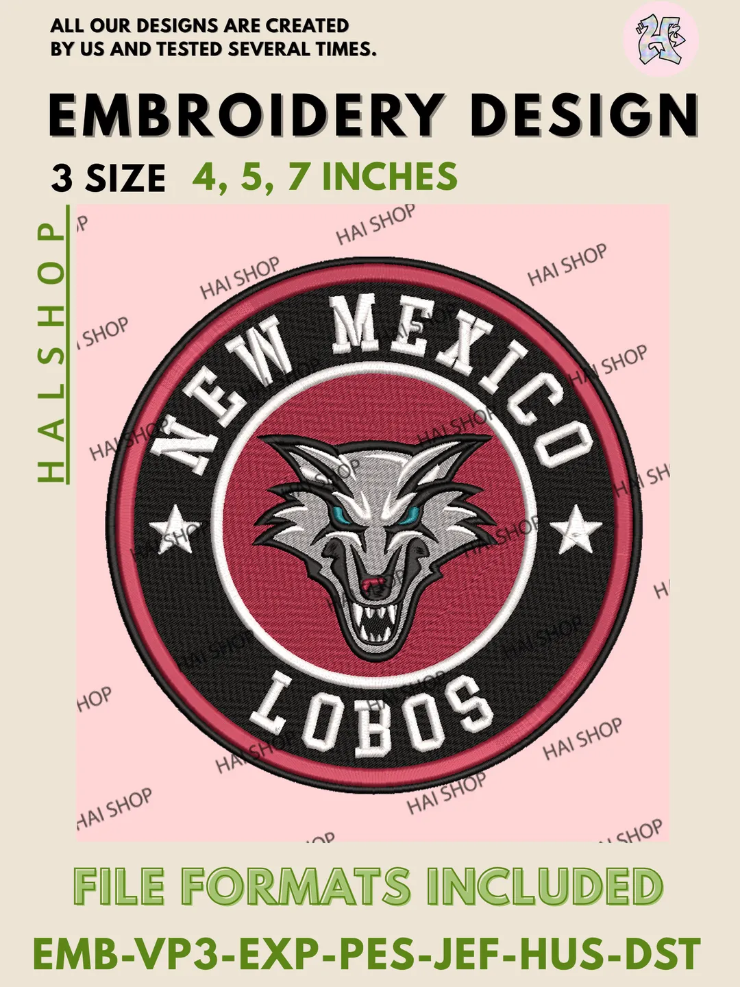 NCAA New Mexico Lobos Football Team Head Logo Embroidery, New Mexico Lobos Logo Embroidery Files, Digital Download