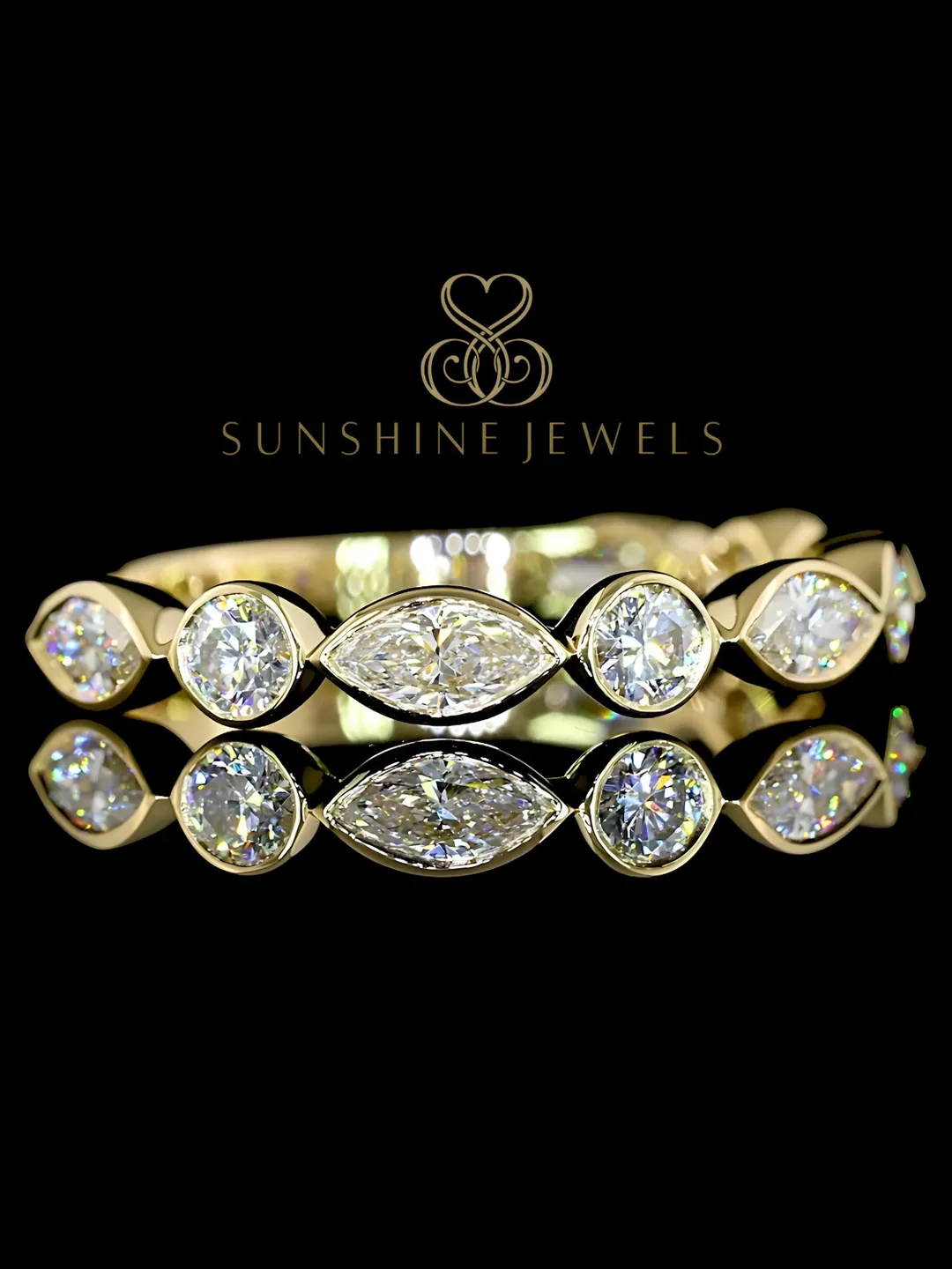 Marquise Cut Lab Grown Diamond Wedding Band, 14K Yellow Gold Bezel Set ...