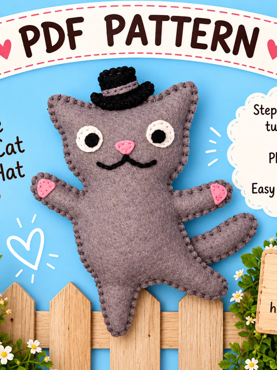 Felt Cat Pattern, Cute Cat with Hat PDF Sewing Tutorial, Beginner Felt Toy Pattern