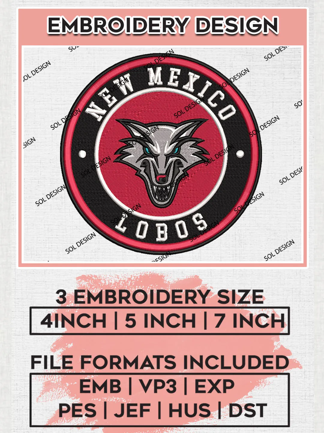 NCAA New Mexico Lobos Round Logo Embroidery, NCAA New Mexico Lobos Logo Embroidery files, NCAA Teams, Machine embroidery designs, Digital Download