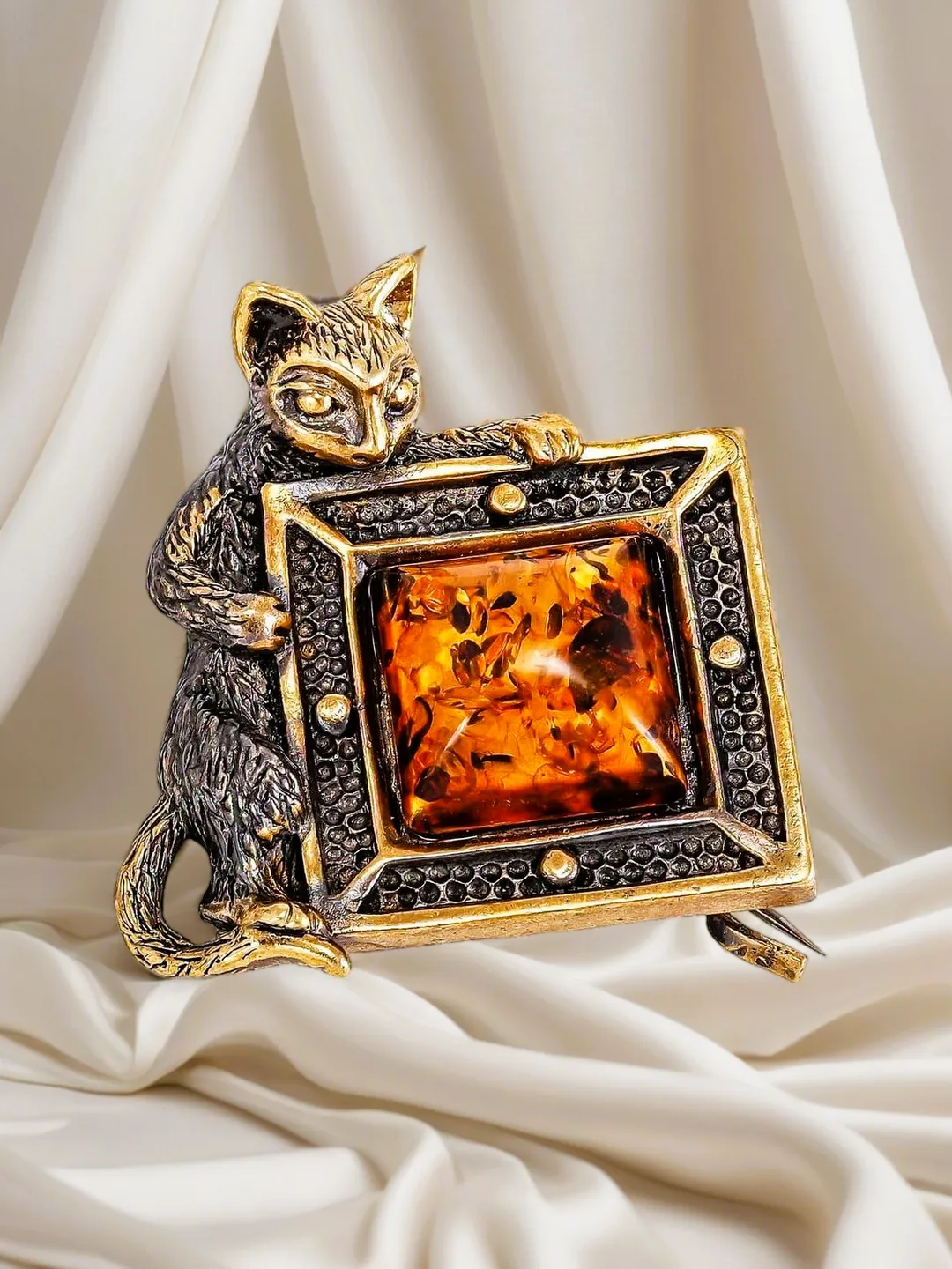 Cat brooch with picture Amber Cat jewelry Animal brooch unique handmade jewelry gold antique brass costume jacket brooch