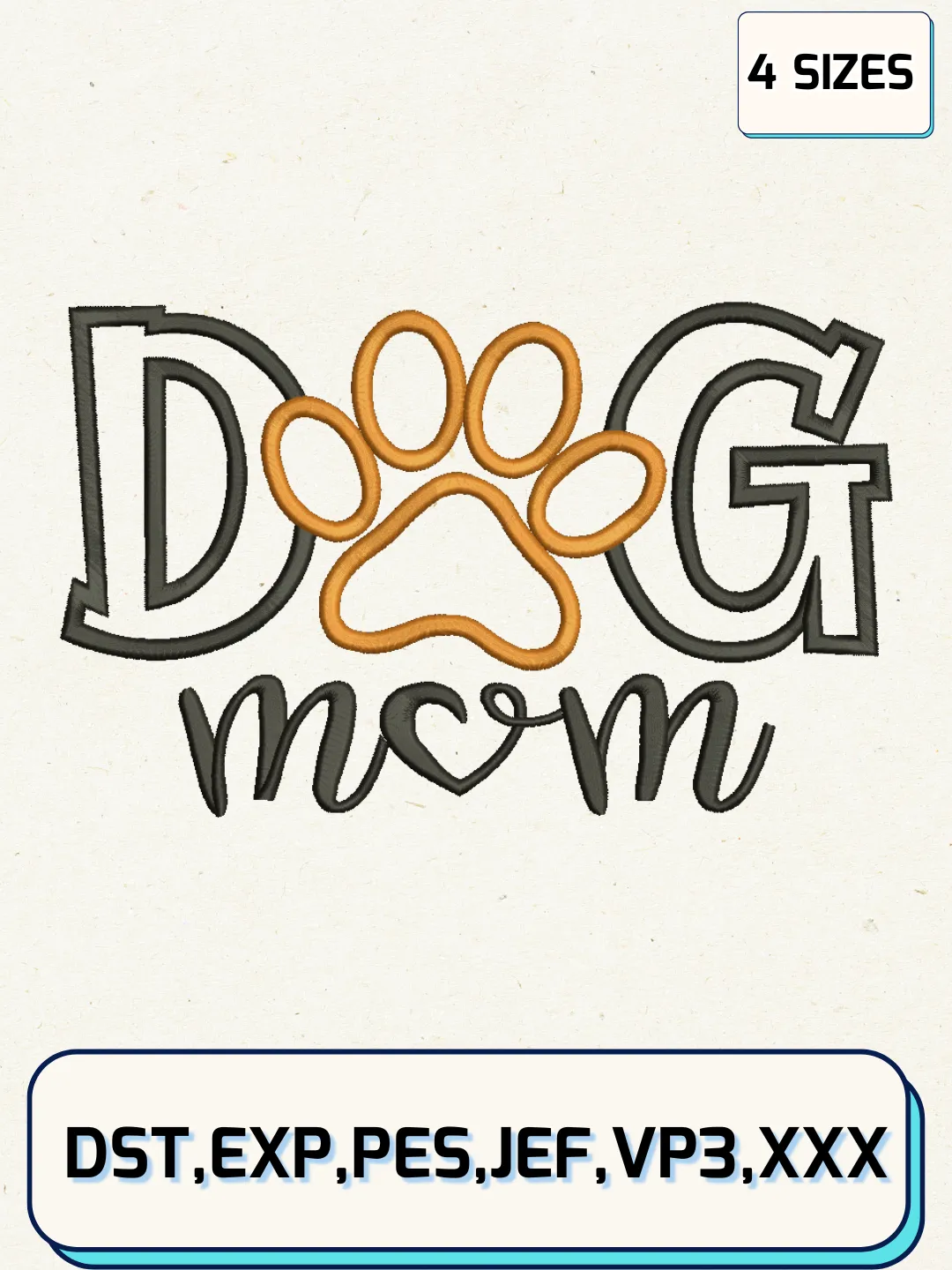 Dog Mom Applique Embroidery Design Files, Mother's Day Logos Embroidery Designs, Machine Embroidery Files, 4 Sizes