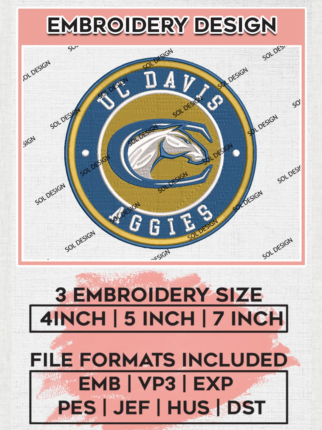 NCAA UC Davis Aggies Round Logo Embroidery, NCAA UC Davis Aggies Logo Embroidery files, NCAA Teams, Machine embroidery designs, Digital Download