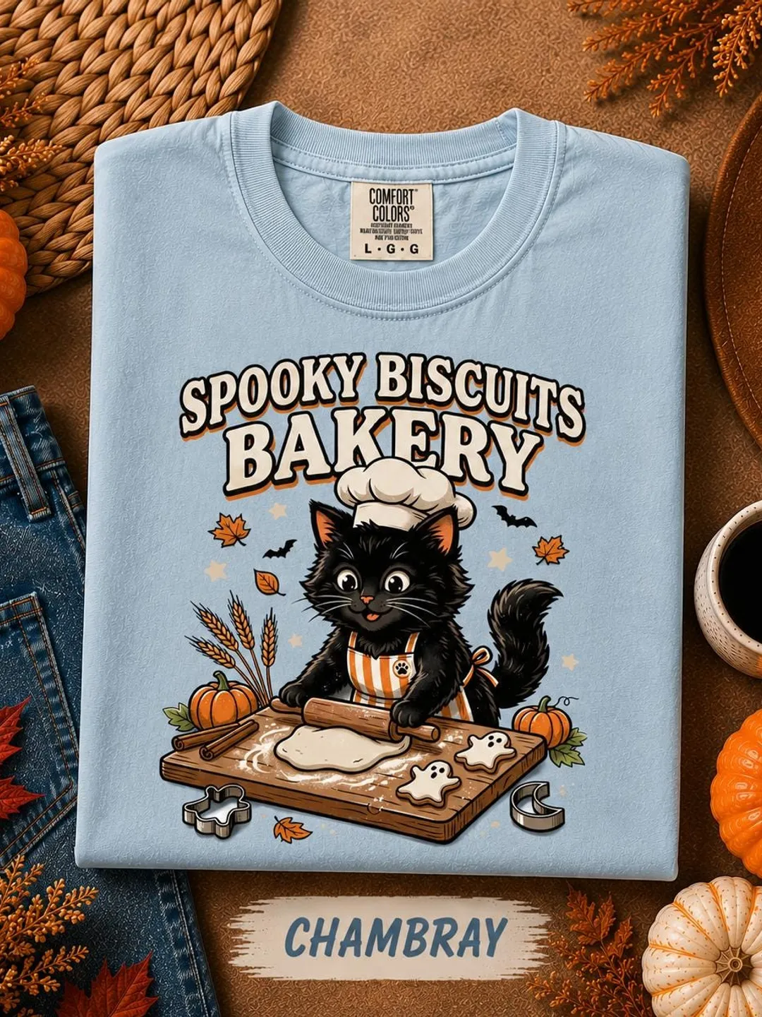 Spooky Biscuits Bakery Shirt, Black Cat Halloween Shirt, Cute Baker Cat Tee, Fall Baking Shirt, Cat Lover Gift, Comfort Colors Tee