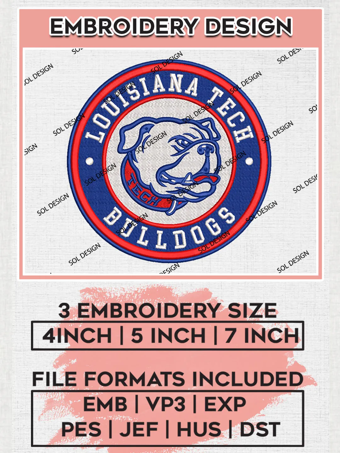 NCAA Louisiana Tech Bulldogs Round Logo Embroidery, NCAA Louisiana Tech Logo Embroidery files, NCAA Teams, Machine embroidery designs, Digital Download