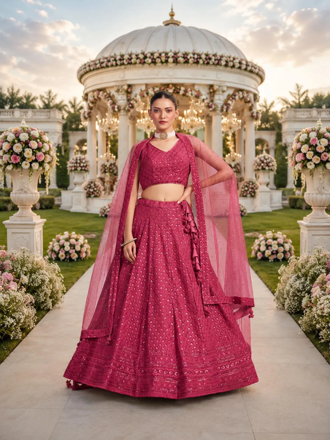 Pink Ready To Wear Lehenga Choli: Sequins Embroidery Indian Wedding Wear