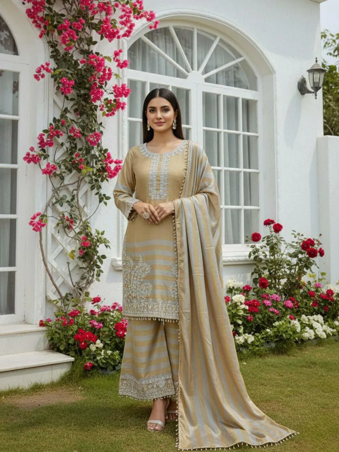 beige indian dress Net Embellished Beige Wedding Festival Anarkali Dress