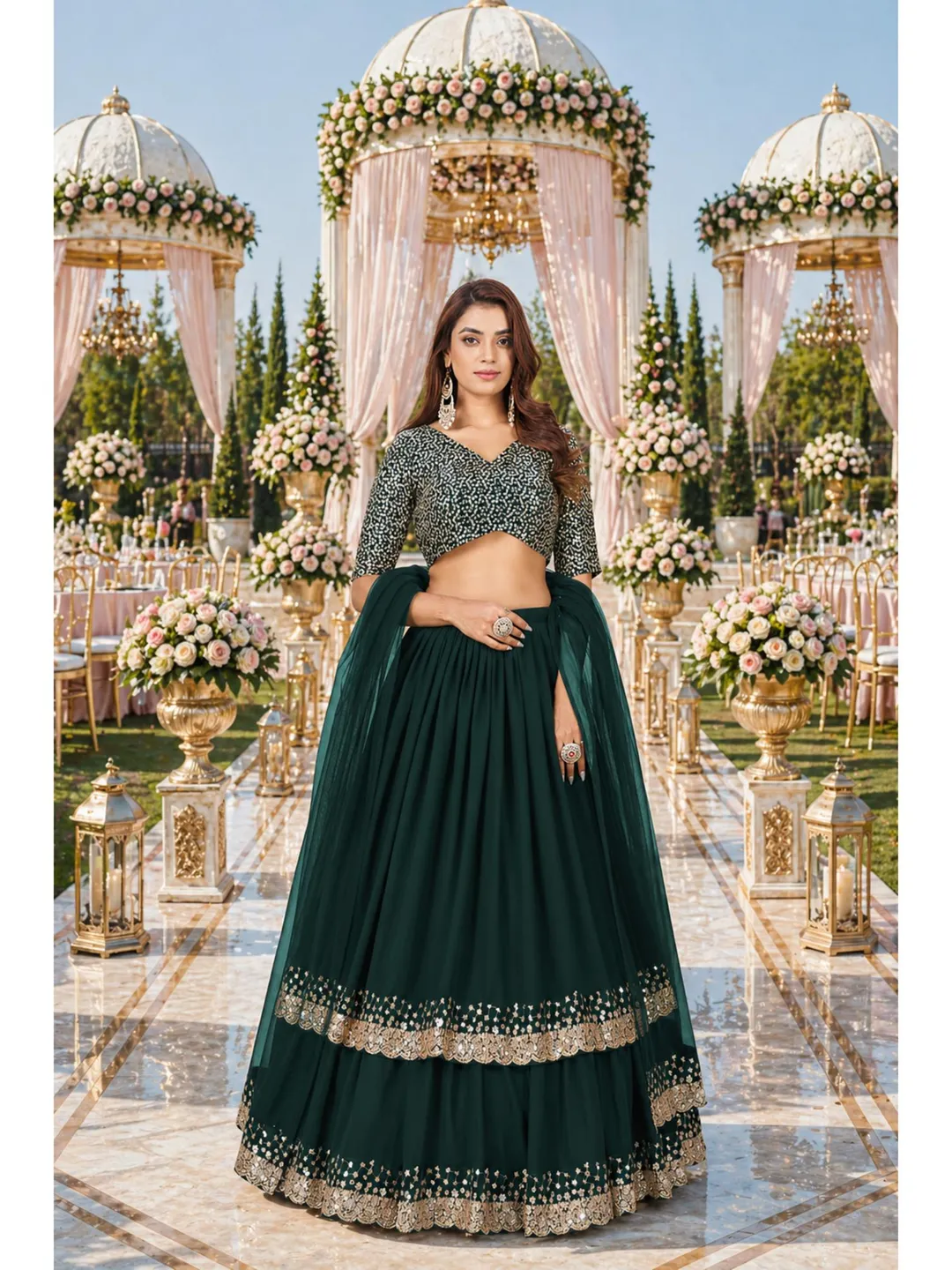 Green Lehenga Choli For Women with Sequins Embroidery, Indian Wedding Wear Ready To Wear