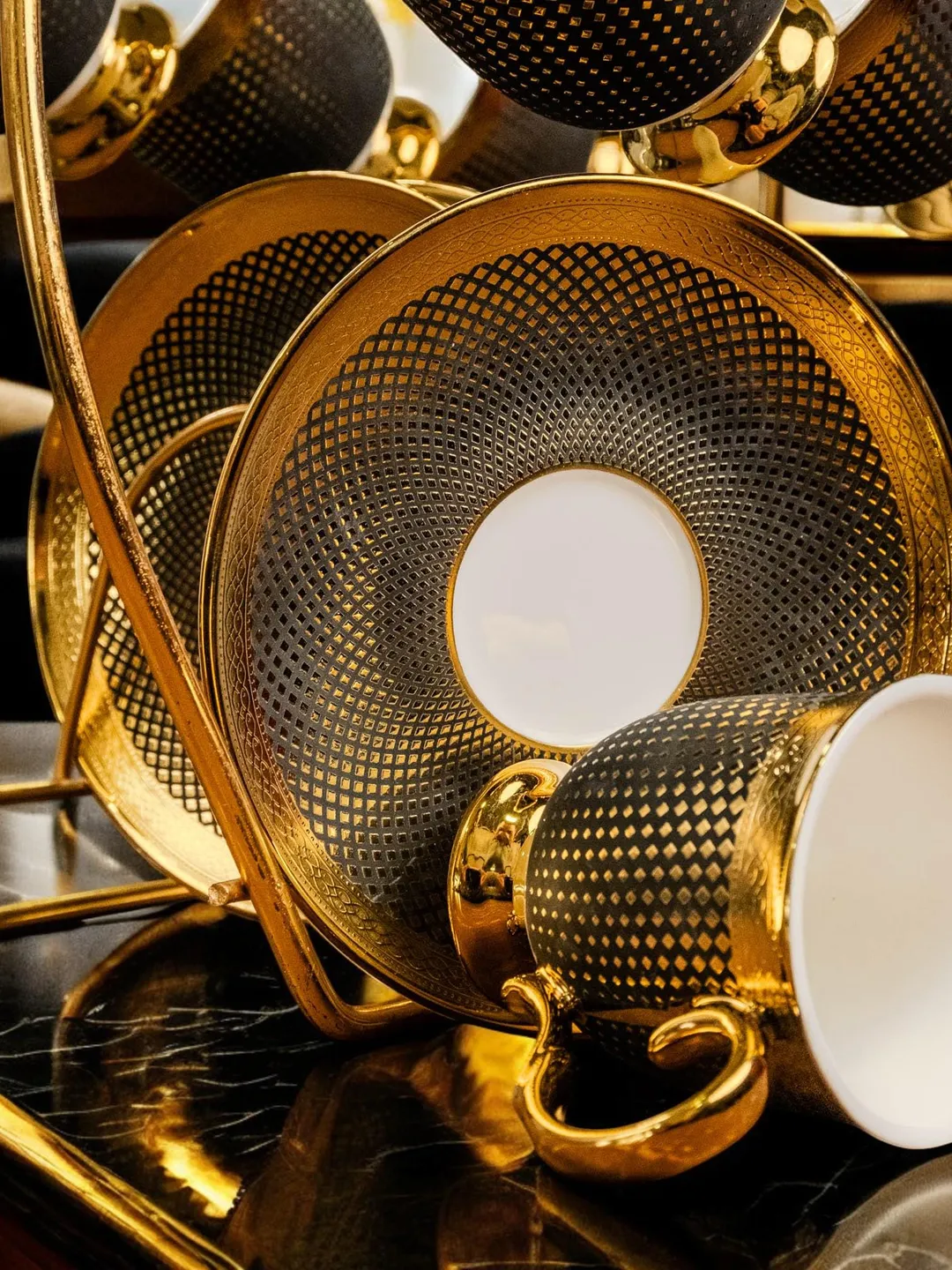 14K Gold Powder Black Porcelain Tea Cups And Saucers | Tea Cups Saucers Set | Gold Porcelain Set | Elegant Teaware | Gift For Tea Lovers