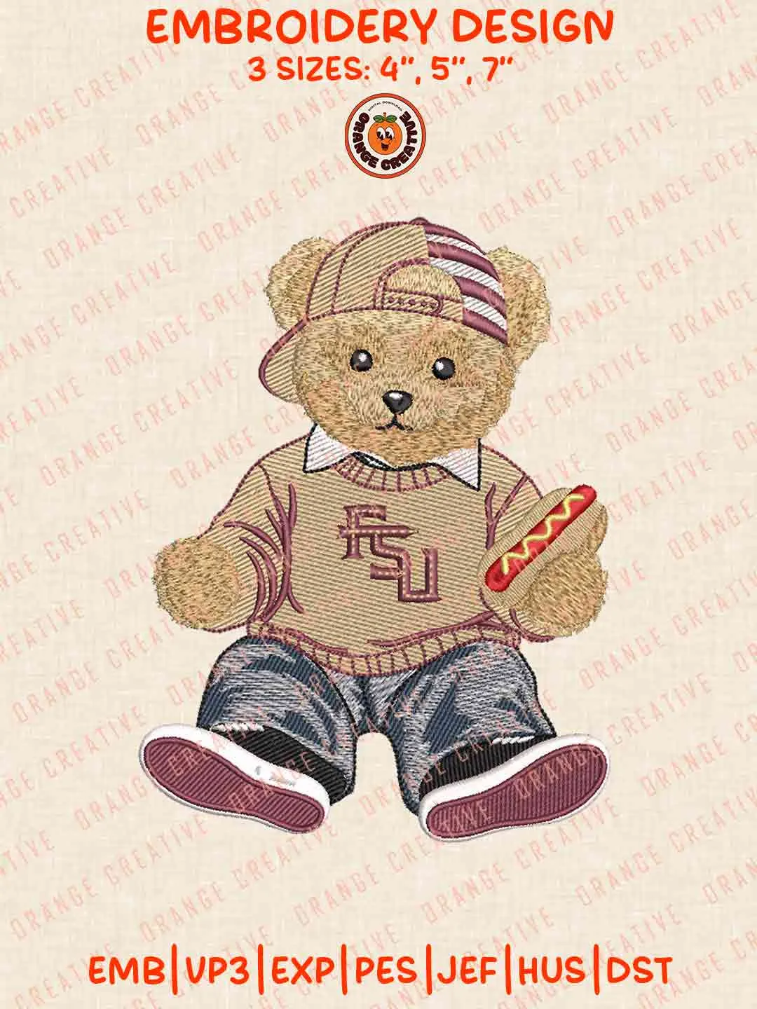 Cute Teddy Bear Florida State Seminoles Logo Embroidery Files, NCAA Team Embroidery Design, Machine Embroidery Design File, 4 Sizes, Custom Size, Digital Download