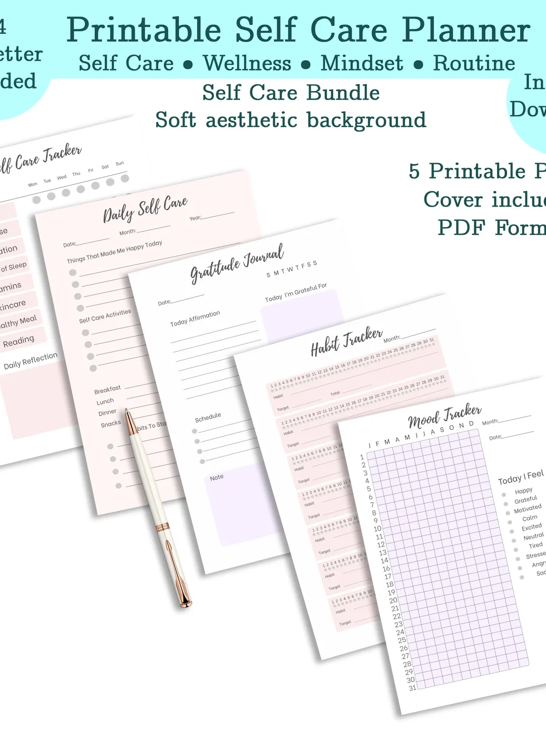 Self Care Planner Printable | Wellness Habit Mood Tracker (Digital ...