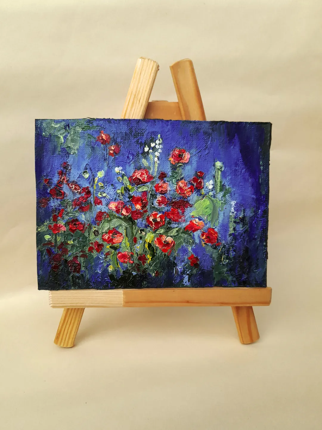 Miniature oil painting Red on purple 21x15 cm (8.28 х 6 inches)