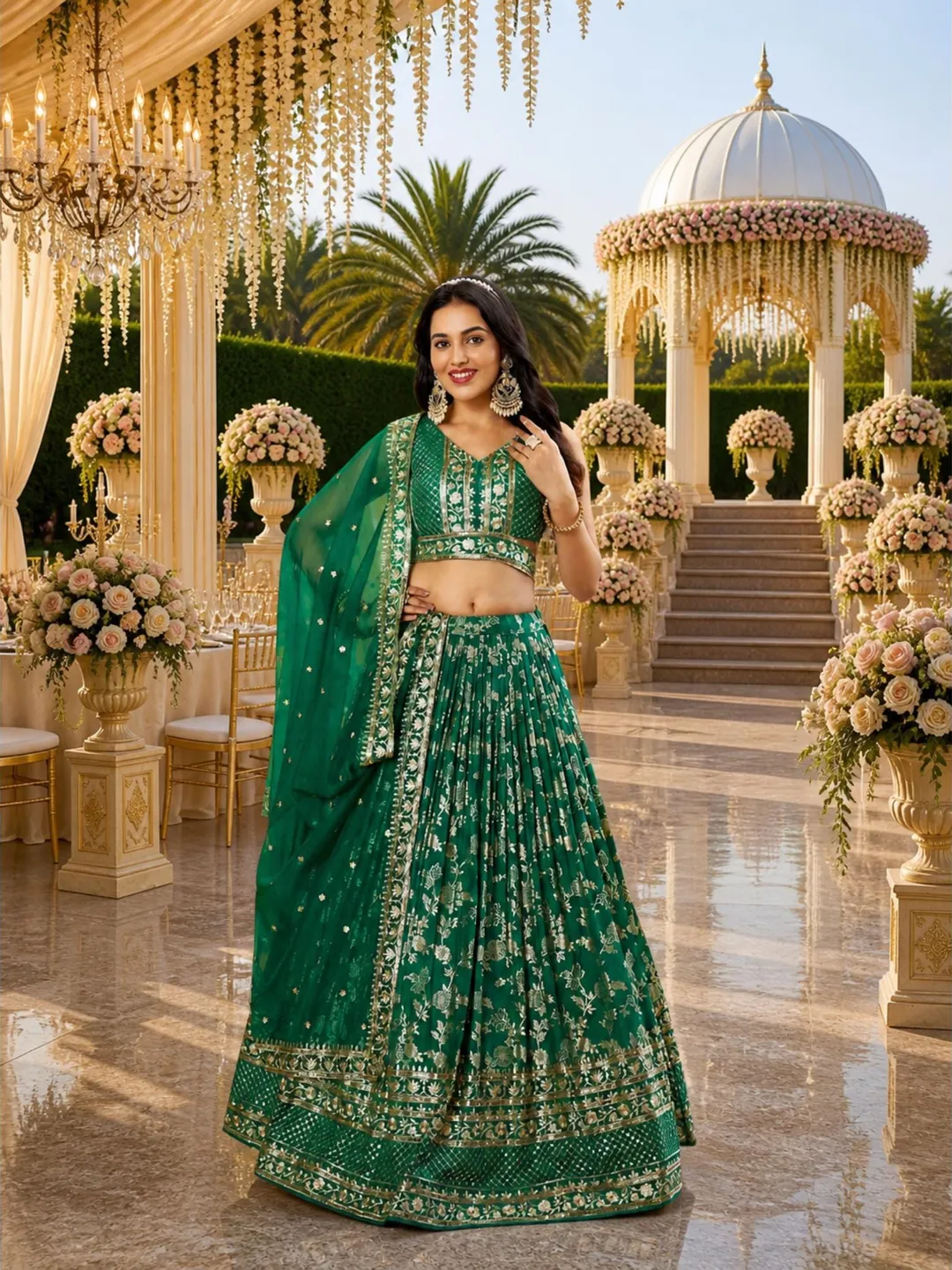 Green Ready To Wear Lehenga Choli: Indian Wedding Wear, Embroidery Sequins