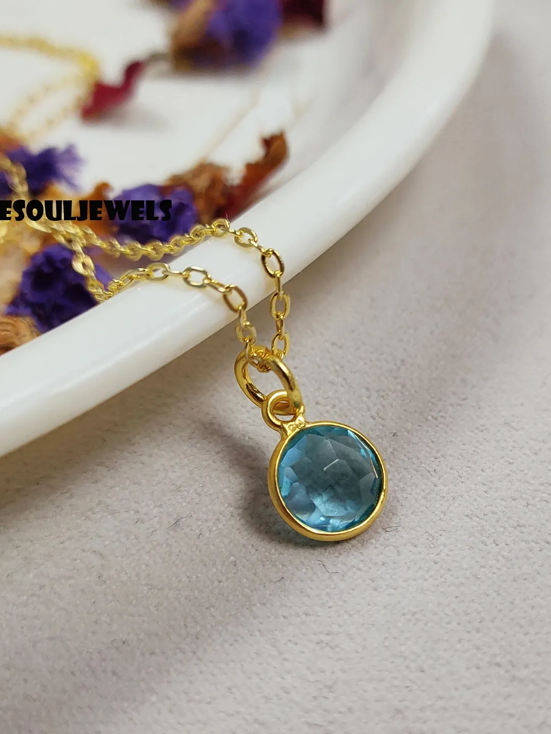 Minimalist Blue Topaz Necklace, 925 Silver December Birthstone Pendant, Handmade Jewelry Gift for Her