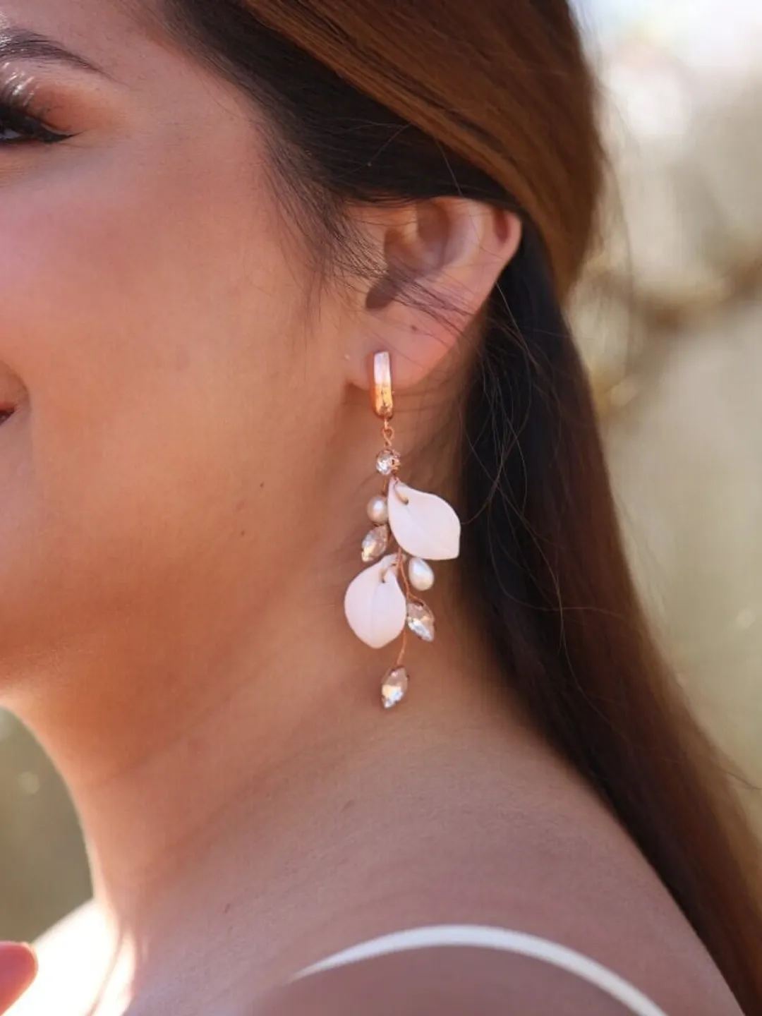 Boho Wedding Earrings, Delicate Porcelain Leaf Statement Wedding Earrings, Rose Gold Chandelier Bridal Earrings, Leaves Wedding Jewelry Set