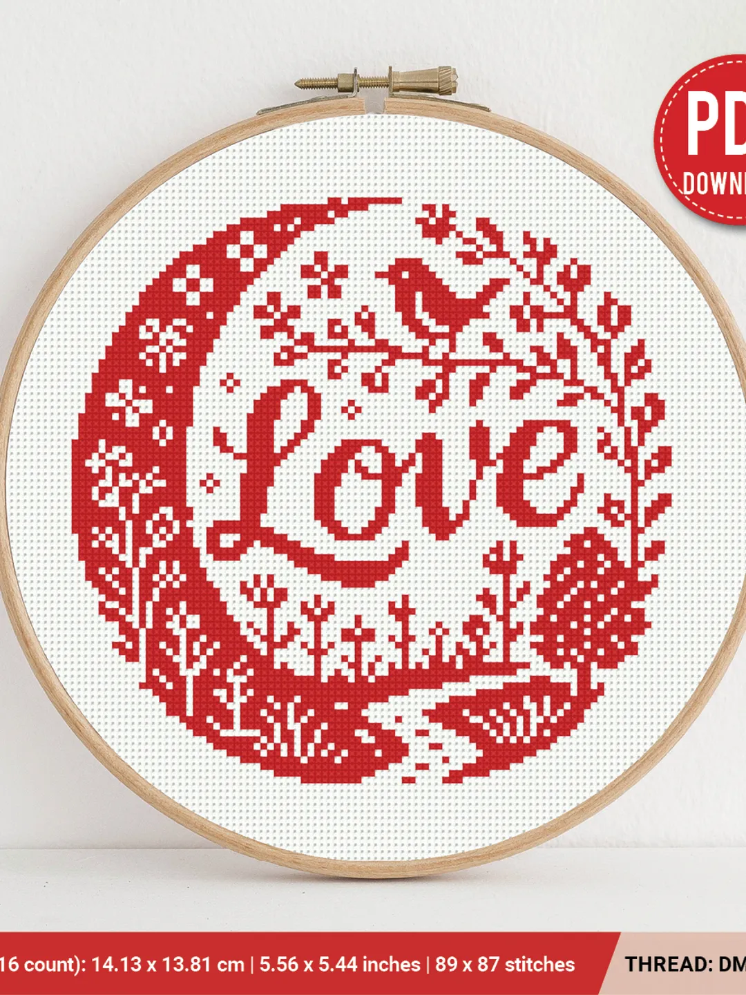 Love Cross Stitch Pattern PDF, Romantic Floral Heart, Modern Valentine embroidery, Red Monochrome Design, Wedding Gift, DIY, beginner